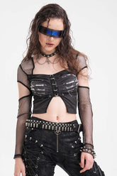 Black Long Sleeves Hollow Mesh Ripped Women's Punk Corset